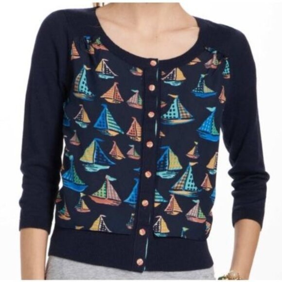 Anthropologie HWR Monogram Sailboat Printed Panel Cardigan in Blue Size Medium - Picture 1 of 8